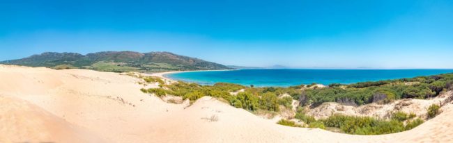 Panorama of the big dune of Valdevaqueros in Tarifa and Punta Paloma and Valdevaqueros beaches. Impressive nature landscape of the coast of Cadiz in Andalusia, Spain